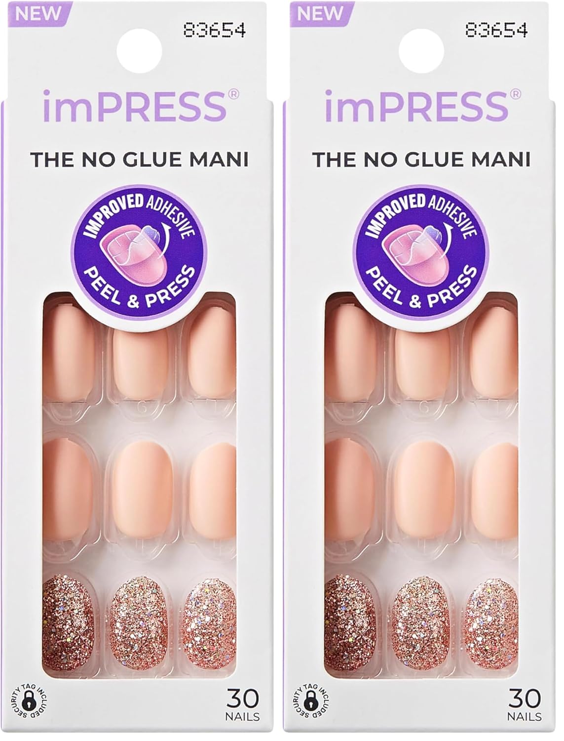Kiss Impress No Glue Mani Press-On Nails - Evanesce Design, Beige, Short Oval Shape | 30 Nails, Prep Pad & Accessories