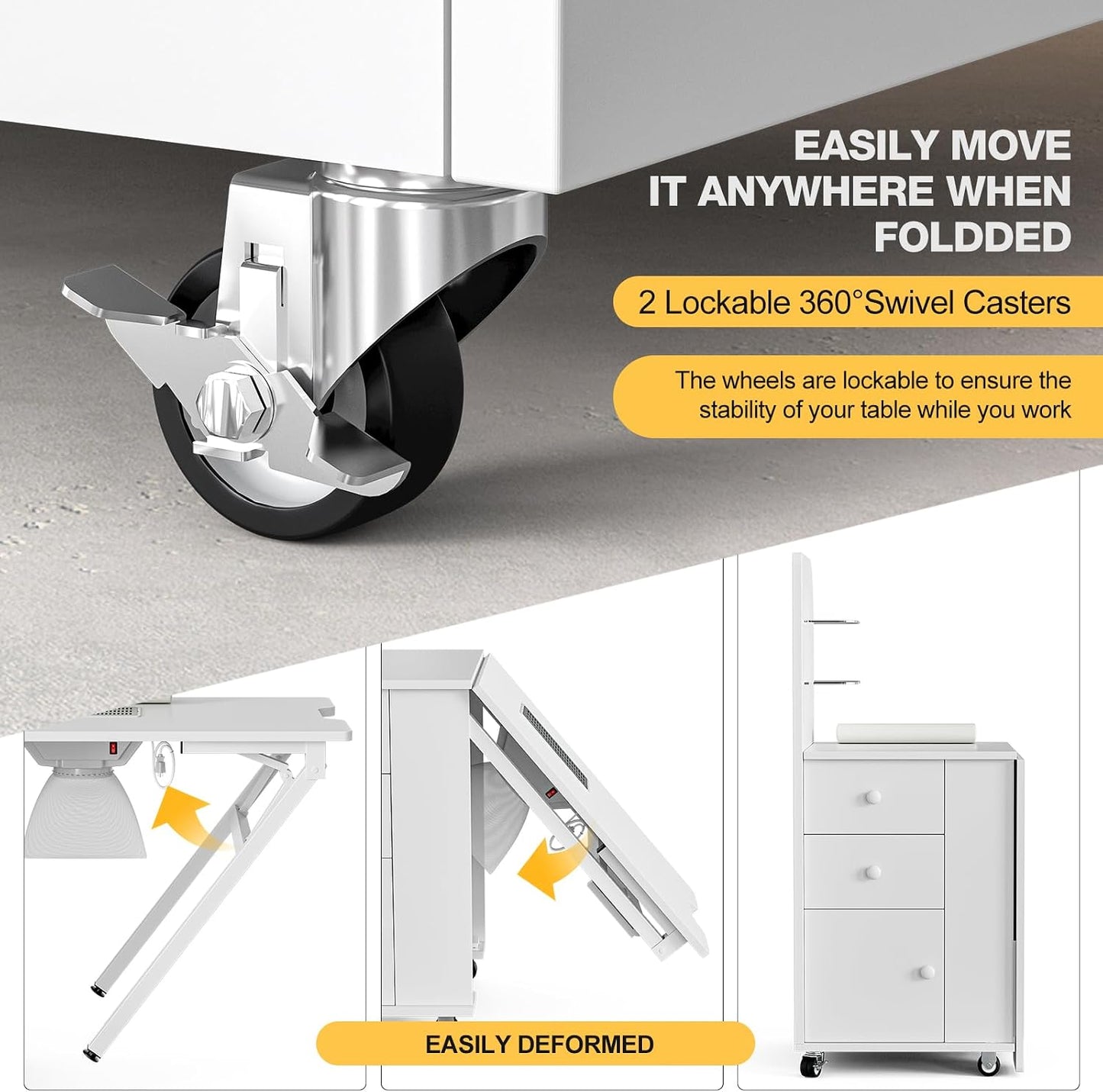 Foldable Nail Desk - Manicure Table Station with Dust Collector, 2 Shelves & Drawers | Portable Design with Lockable Wheels
