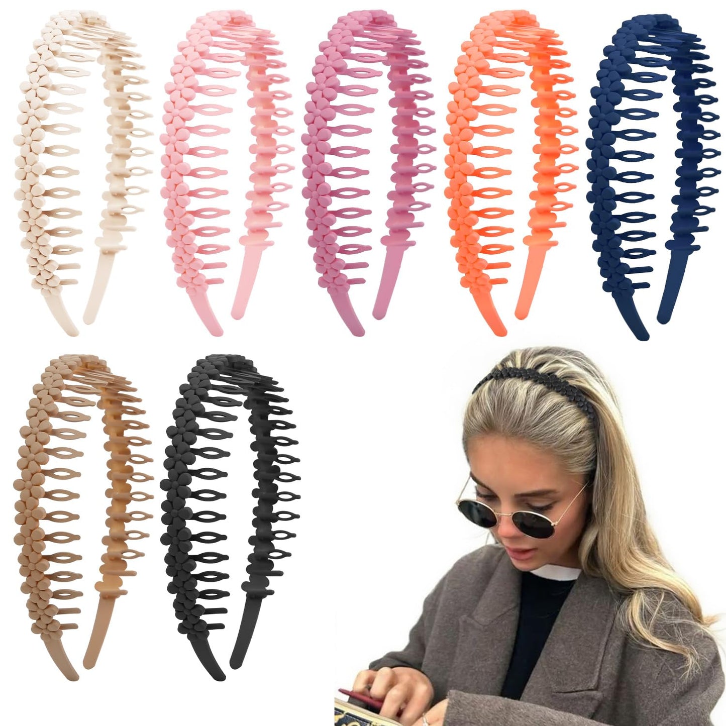 WOVOWOVO Flower Zig Zag Headbands for Women, Plastic Floral Hairbands with Teeth Non Slip Hair Comb Head Bands Zigzag Headband Hair Accessories, 7 Packs