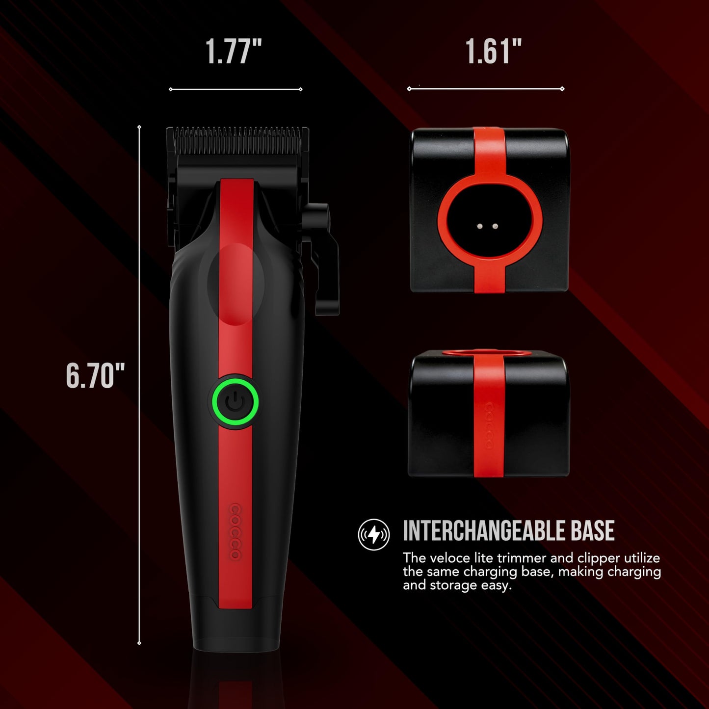 Cocco Veloce Lite Professional Hair Clipper for Barbers – Digital Gap™ Precision Fade F1 Blade, 7000 RPM Cordless Clippers, USB-C Fast Charge, 3 Hour Runtime, Hair Clippers for Men (Red & Black)