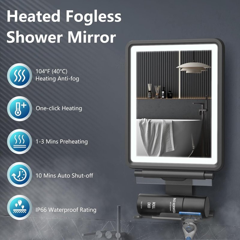Heated Shower Mirror - Fogless Shaving Mirror with Dimmable Lights | Rechargeable Anti-Fog Design, Razor Holder Included