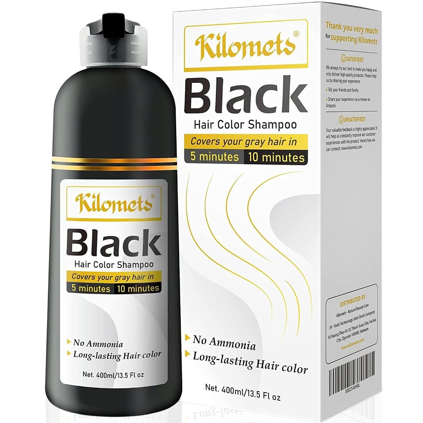 Black Hair Dye Shampoo - 100% Grey Coverage, Ammonia-Free Formula | 400ml Instant Darkening Color for Silver Hair