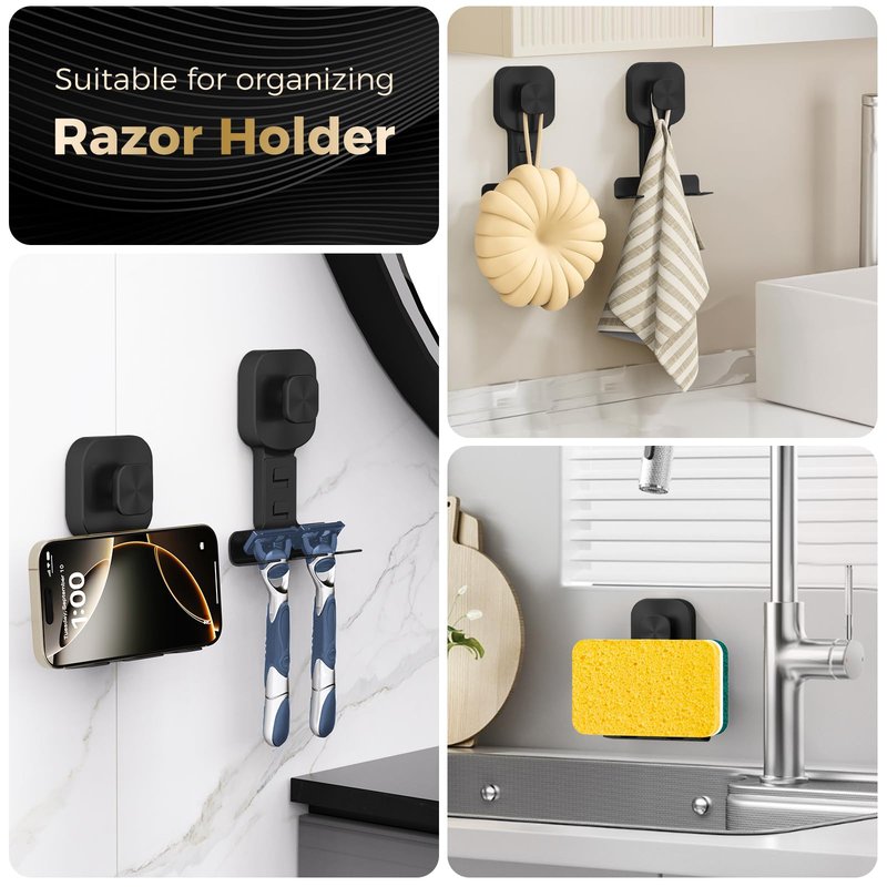 BKV Suction Cup Razor Holder for Shower,Reusable Shaver Holder for Shower,Stainless Steel Bathroom Suction Hooks for Towel,Loofah,Shaver,Damage Free Install & Remove-Black(2 Pack)
