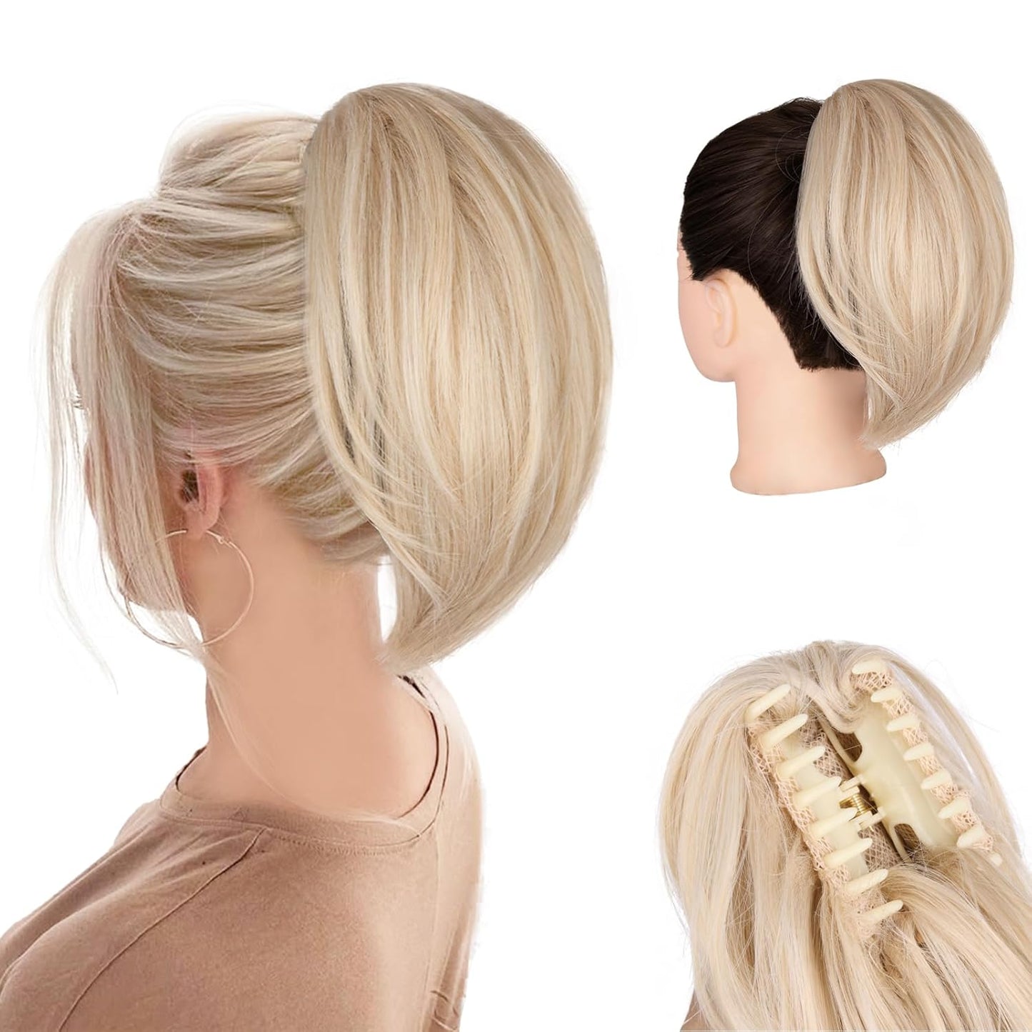 10 Inch Ponytail Extension - Straight Claw Clip Synthetic Hair | Brown with Blonde Highlights