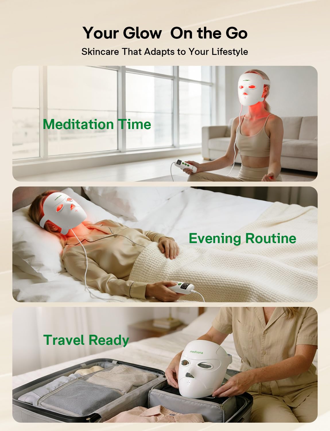 Medisana 3D Red Light Therapy for Face, 336 LEDs with 3 Modes - NIR 830nm, Red 630nm, Blue 415nm - 3D Ergonomic Silicone Design, Cordless & Rechargeable LED Face Mask, Skincare Gifts for Women