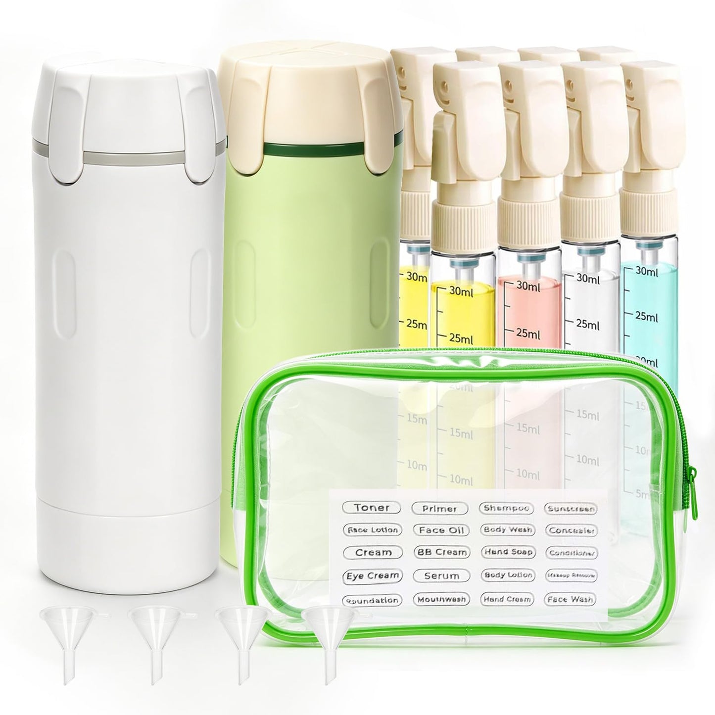 LuxDuo 2 Pack Leakproof 4-in-1 Travel Dispenser Bottle with Storage Pouch for Toiletries,Refillable Containers for Lotion,Shampoo,Gel,Minimalist Travel Gear for Business,Gym,Overnight Stays,Road Trips