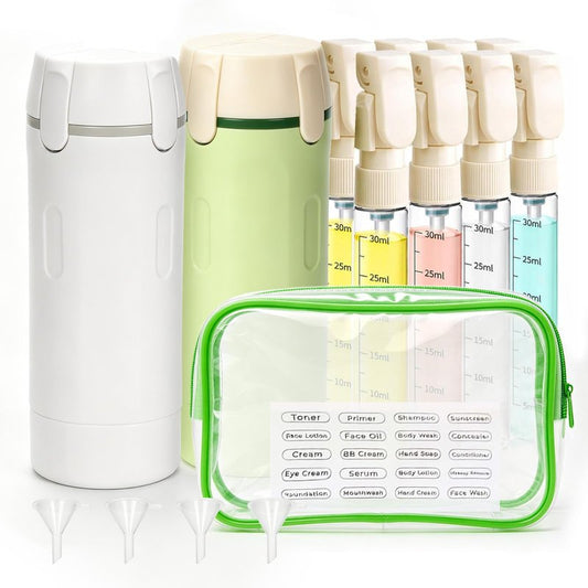 LuxDuo 2 Pack Leakproof 4-in-1 Travel Dispenser Bottle with Storage Pouch for Toiletries,Refillable Containers for Lotion,Shampoo,Gel,Minimalist Travel Gear for Business,Gym,Overnight Stays,Road Trips