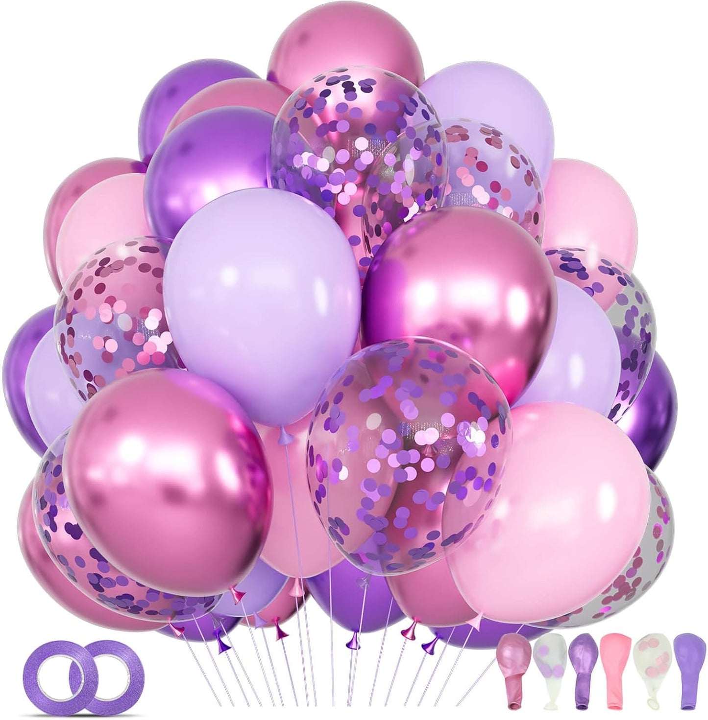 68Pcs Pink & Purple Balloons - 12 Inch Metallic Latex Balloons with Confetti & Ribbons | Perfect for Weddings, Birthdays & Baby Showers