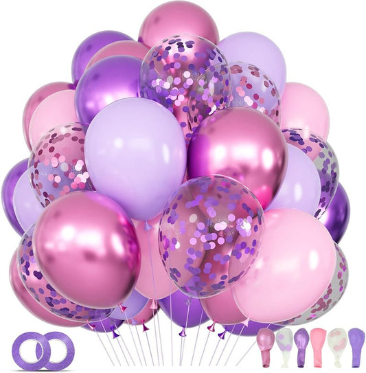 68Pcs Pink & Purple Balloons - 12 Inch Metallic Latex Balloons with Confetti & Ribbons | Perfect for Weddings, Birthdays & Baby Showers