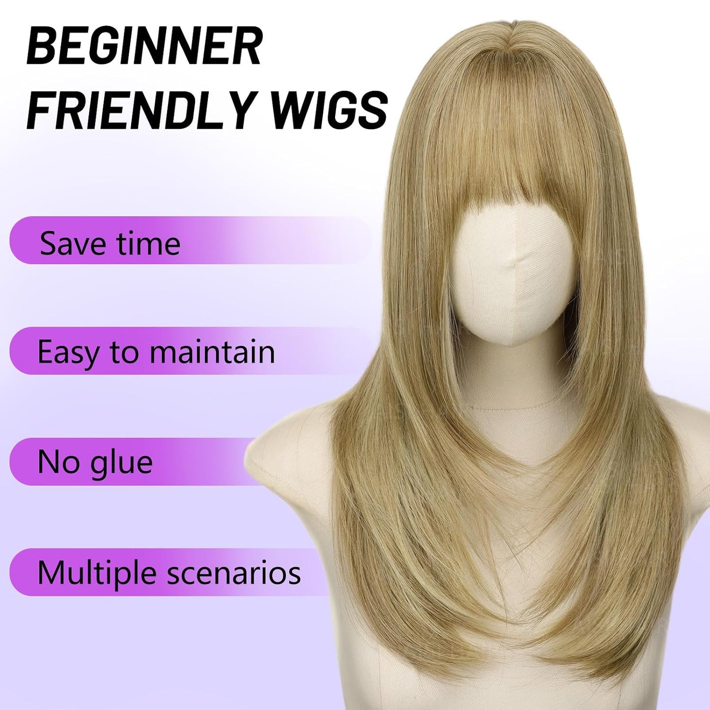 Ash Beige Blonde Wig with Highlights - Beginner Friendly Middle Length Straight Wig for Women | Natural Layered Bangs