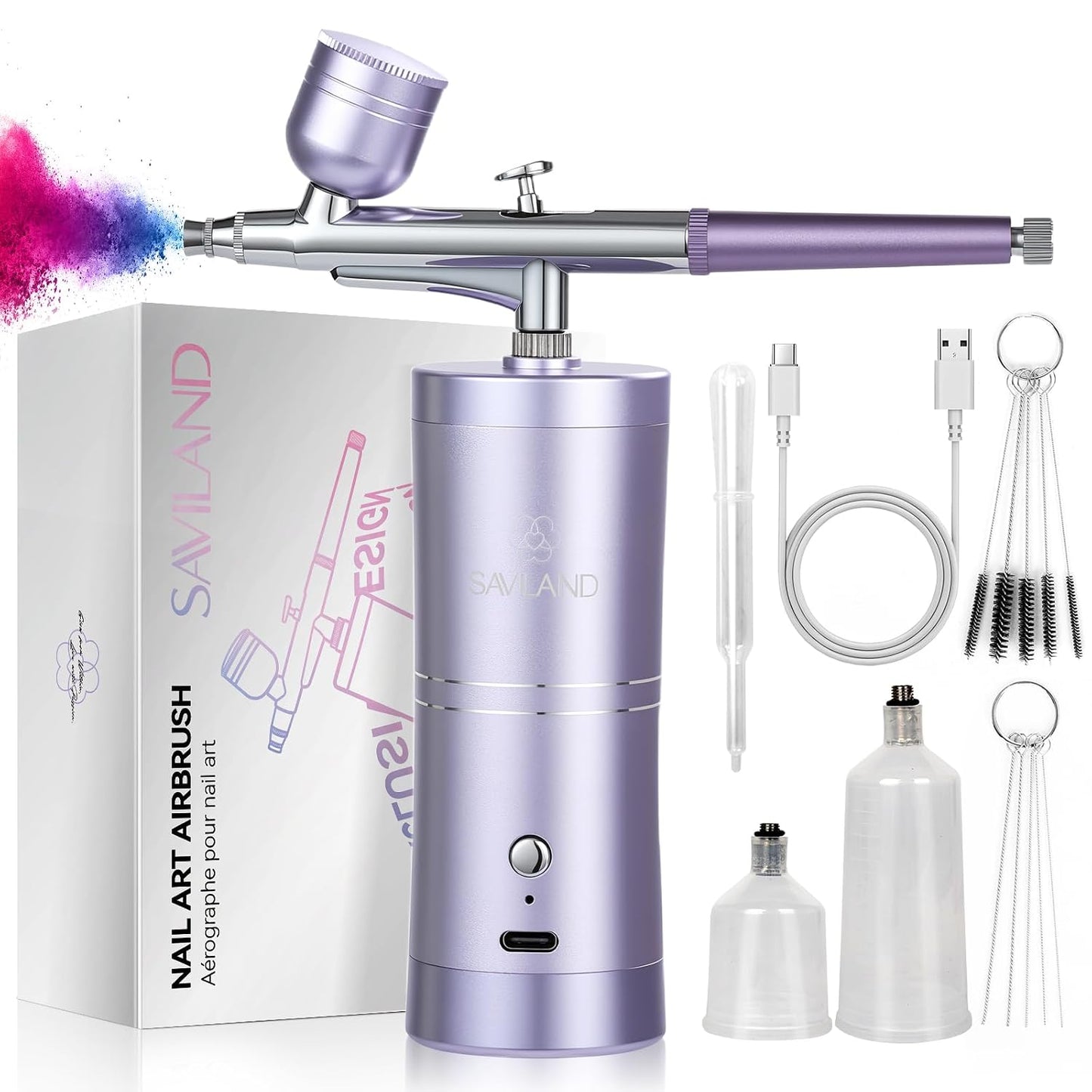 SAVILAND Pro Airbrush for Nails - 25 PSI Precision Nail Art Tool | Cordless, 0.3mm Nozzle, Flow-Locked Atomization
