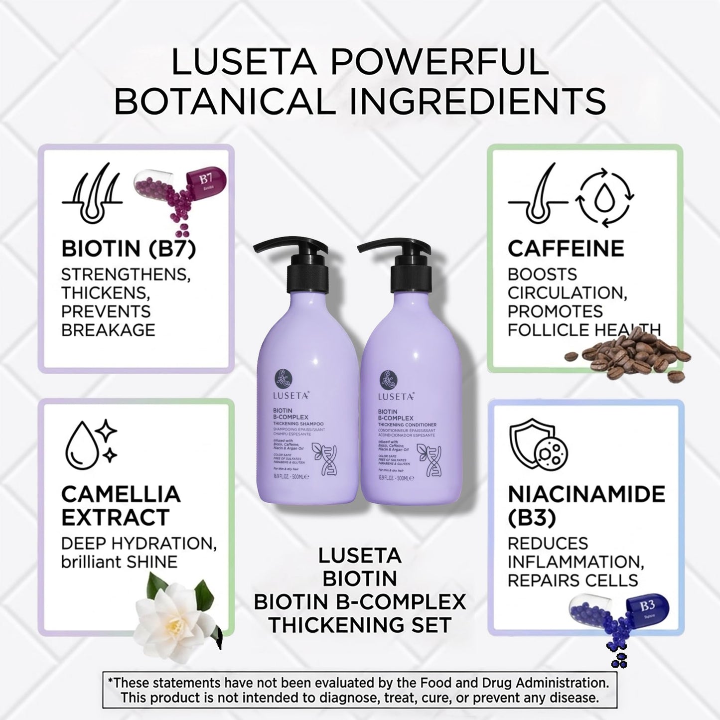 LUSETA Thickening & Hair Strengthening Care- Biotin B-Complex Shampoo and Conditioner Set for Thinning Hair. Routine Volumizing Formula with Niacin, Caffeine & Argan Oil, for Women and Men, 2 x 16.9oz