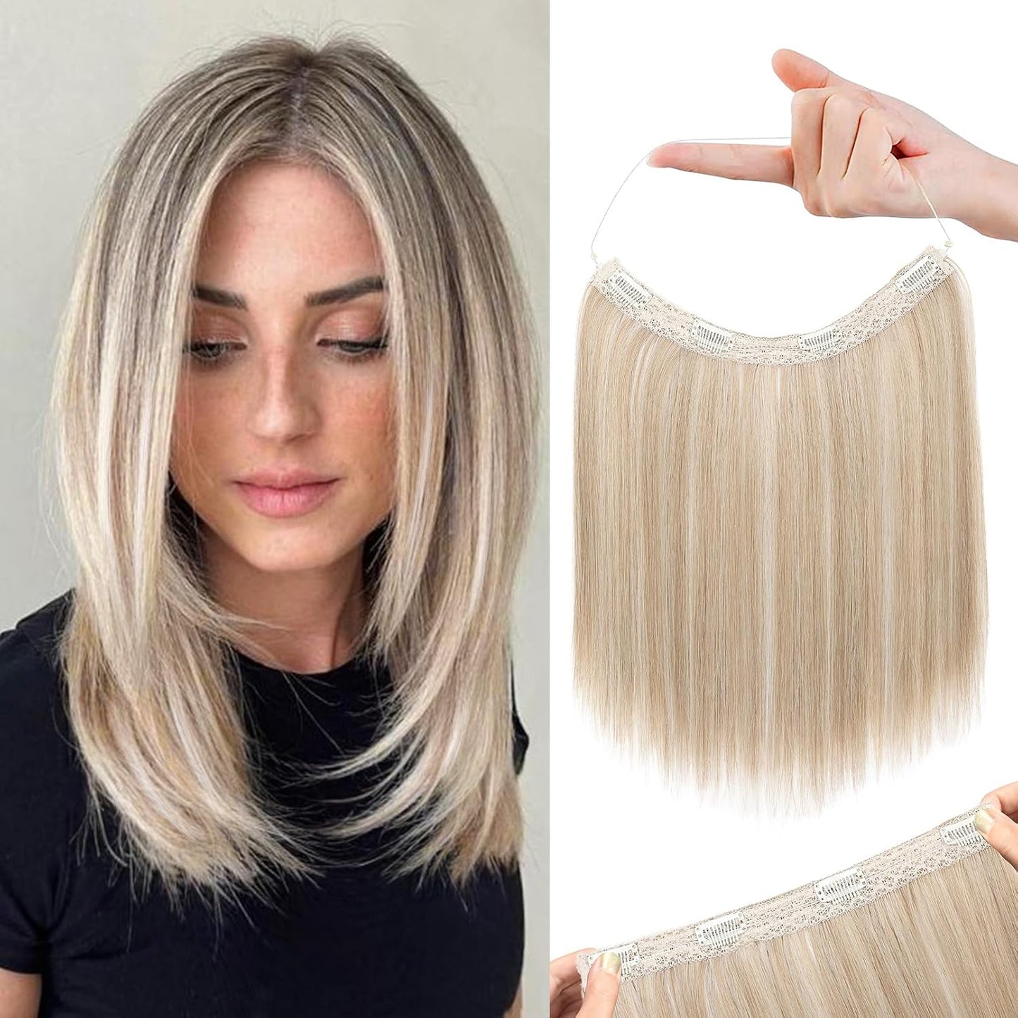Invisible Wire Hair Extensions - Thinner Softer Lace Weft, 12" Short Straight Clips | Ash Blonde with Highlights