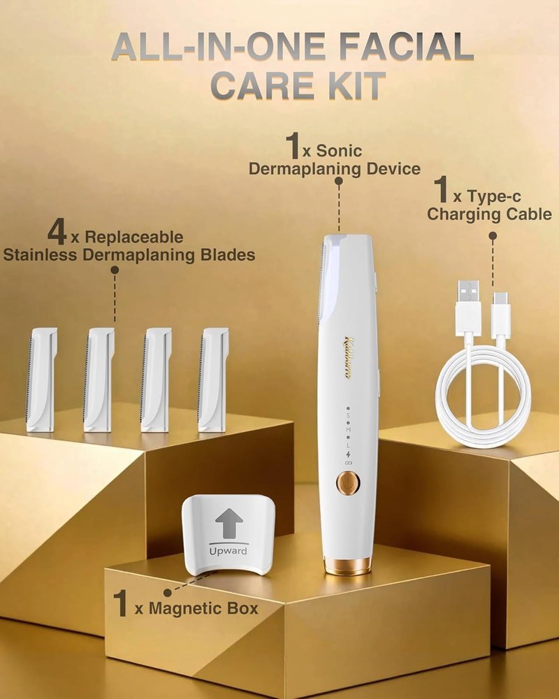 Dermaplane Razor for Women - Rechargeable Sonic Dermaplaning Tool with 3 Speeds & LED Light | Non-Irritating Face Razor, 5 Refill Blades Included, White