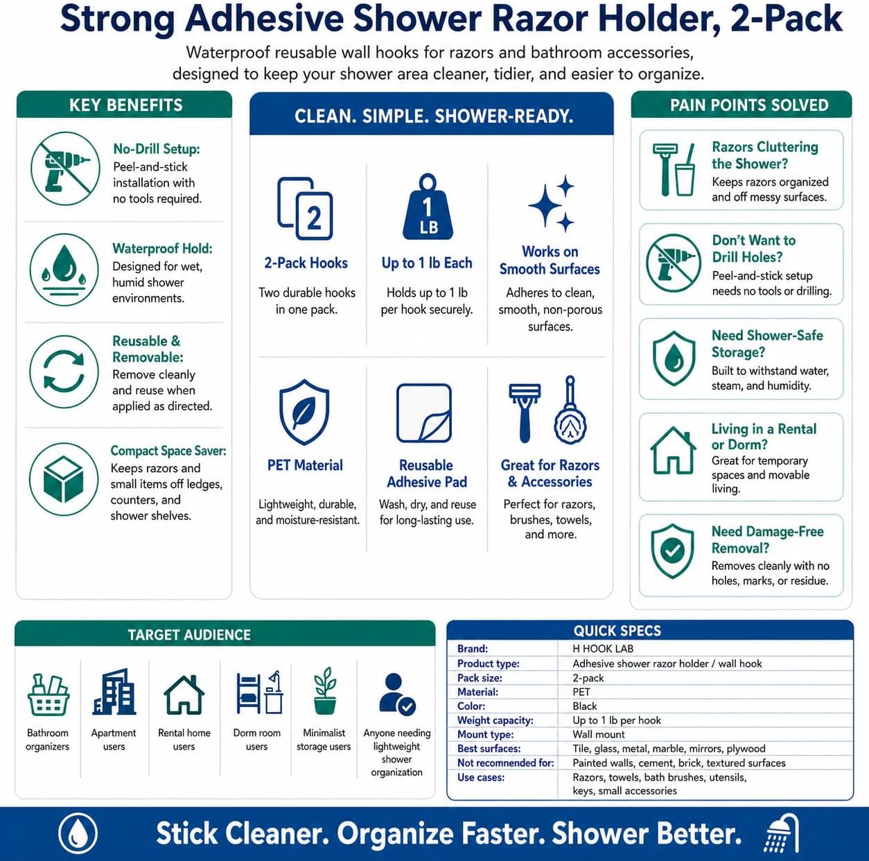 Strong Adhesive Shower Razor Holder - Waterproof Wall Hooks for Bathroom | 2-Pack, No-Drill, Reusable & Removable - White