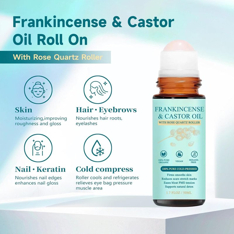 Organic Castor Oil Roll-On with Rose Quartz Roller | 100% Cold Pressed, Moisturizing for Face, Body & Hair - 1.7 fl oz