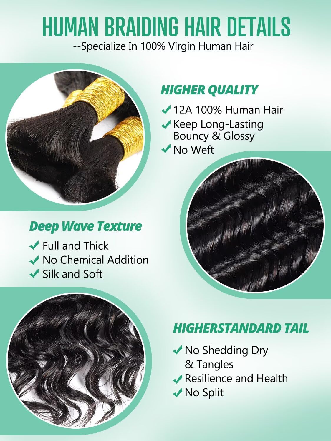 Boho Curly Braiding Hair 22 Inch 100g (3pcs) – 100% Virgin Brazilian Human Hair for Braids, Pre-Washed Deep Wave Bulk Extensions for Knotless & Bohemian Styles – Soft, No Shedding, Tangle Free