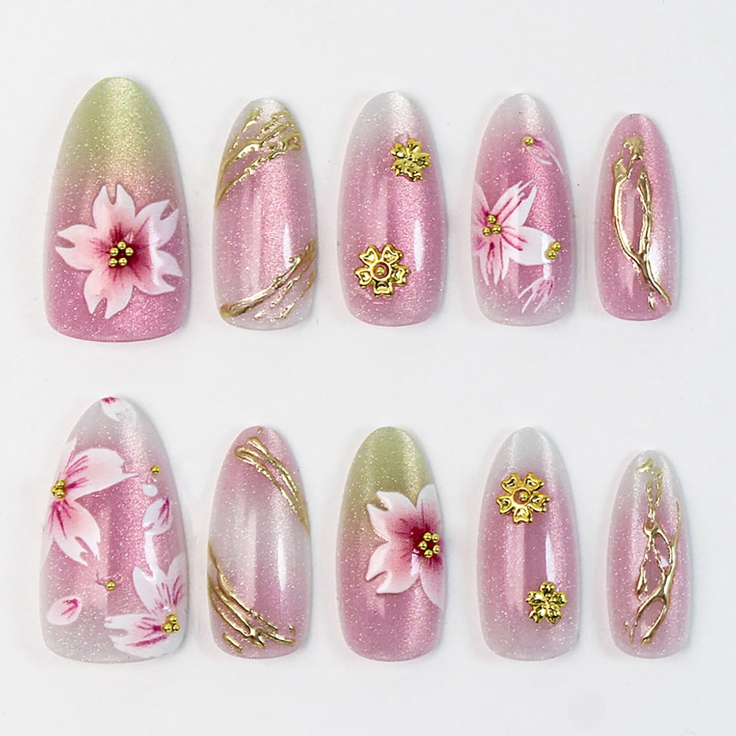 French Tip Press-On Nails - Short Square Floral Design with 3D Rhinestones | 24 Pcs Glossy Acrylic Set