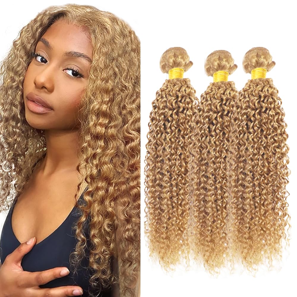 28 30 32 inch AuokMar Honey Blonde Bundles 27 Kinky Curly Bundles Huma Hair Double Weft Soft Real 27 Blonde 3 Bundle Human Hair Extensions 300g