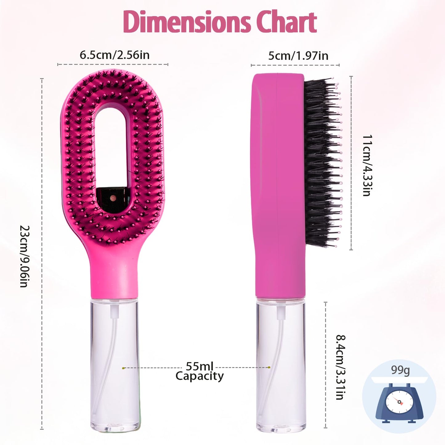 Hair Brush with Water Spray, 2-in-1 Detangling Tool for Frizz Control, Works on Wet & Dry Strands, Portable Mist Comb for Thick, Curly & Fine Textures(1 Rose Pink)