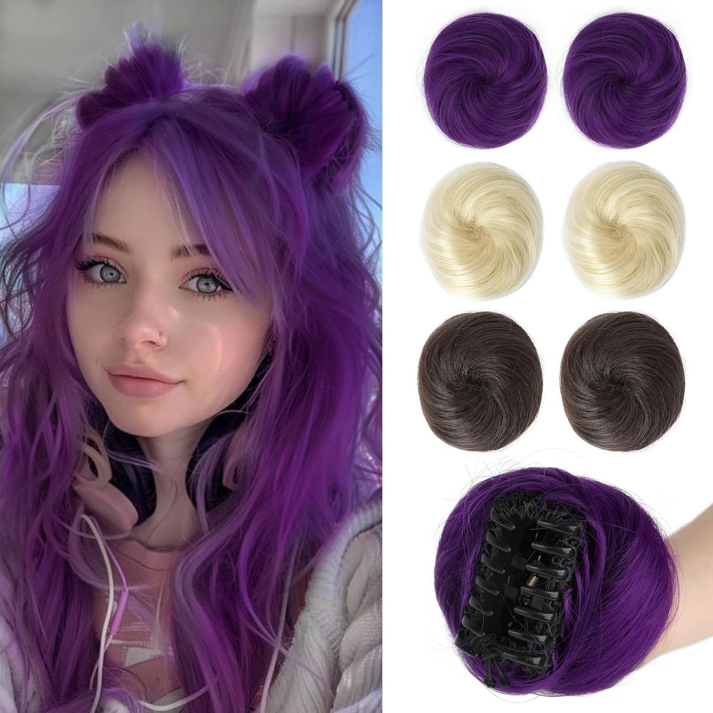 REECHO Mini Claw Clips - Messy & Cat Ears Hair Bun Extensions | 2-Pack, 3.5" Wavy, Natural Black