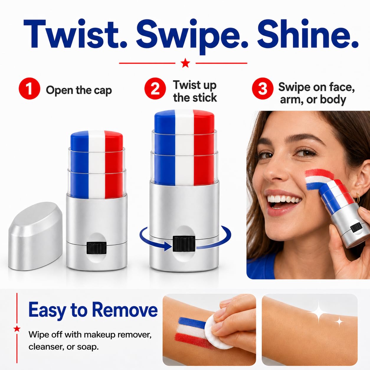 Patriotic USA Flag Face Paint Stick - Red, White & Blue Makeup for 4th of July | Game Day Sports Body Paint for Kids & Adults