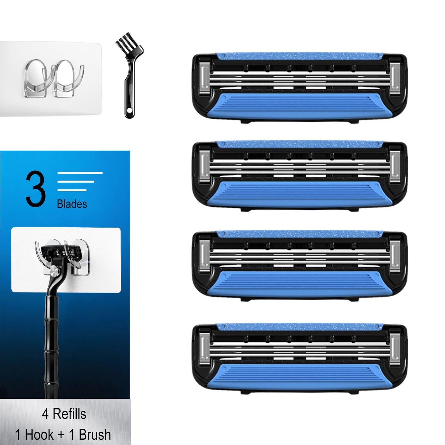 FYNEDGE Men's Razor Blade Refills, 4 Count, 3-Layer Ceramic Coated Blades with Lubricating Strip, Matching Handle, Wall Hook & Cleaning Brush Included for Smooth Shaving