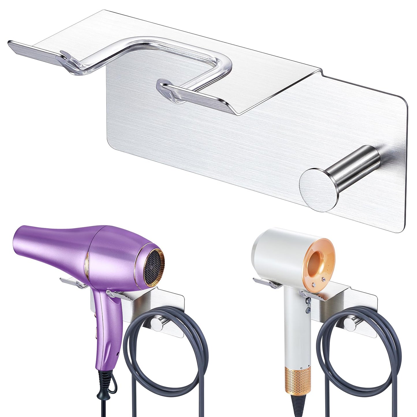 XILIMEN Hair Dryer Holder Wall Mounted, Blow Dryer Holder Adhesive, Metal Hairdryer Holder for Bathroom, Hair Tool Organizer with Plug&Cord for Cabinet Bathroom Bedroom Barber Shops (Sliver)
