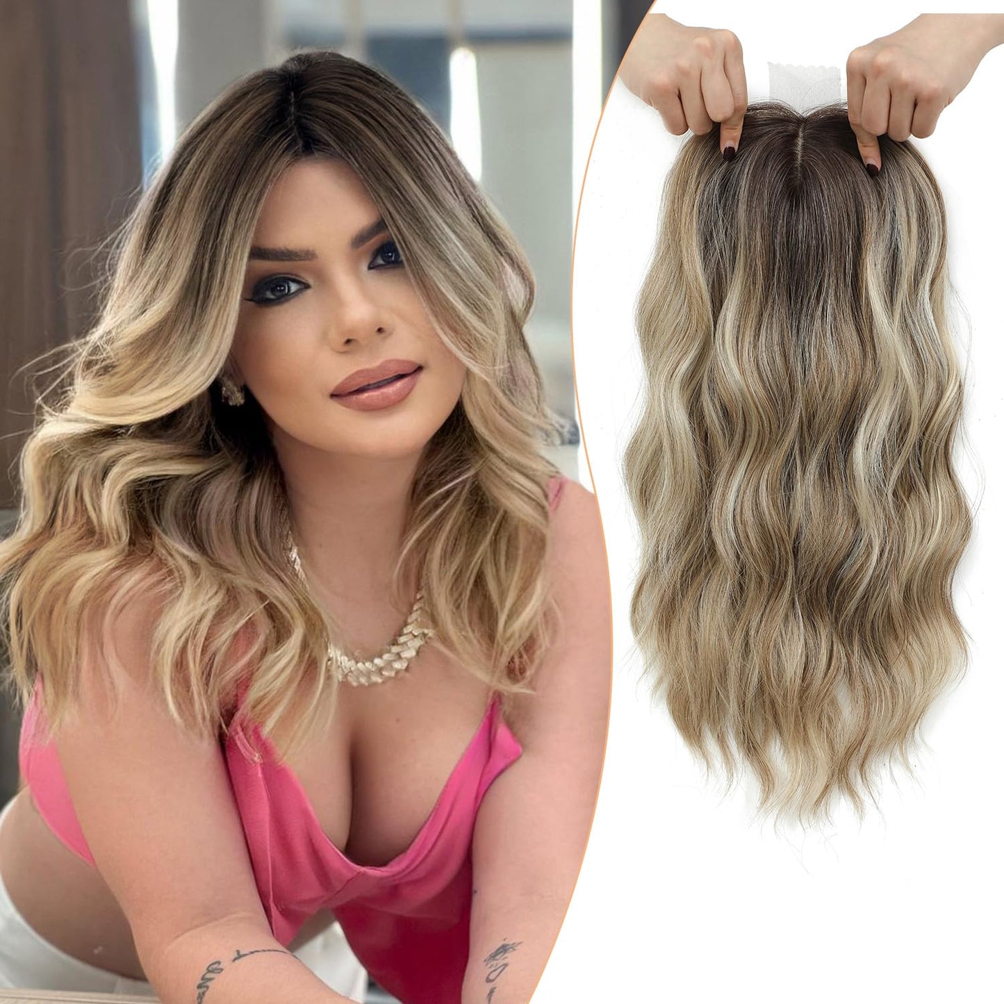 Hair Topper for Women - 16 Inch Natural-Looking Synthetic Hairpiece with Soft Volume & Secure Clips