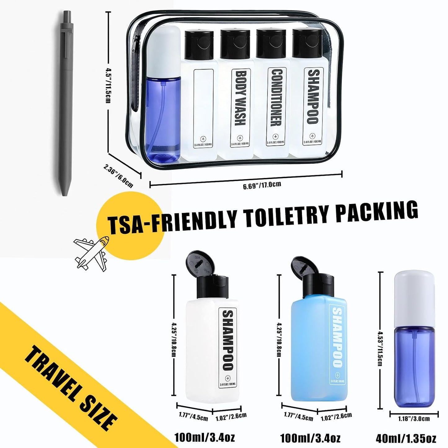 Travel Bottles for Toiletries - 3.4oz TSA Approved Leak Proof Shampoo & Conditioner Containers | 5 Pack Clear Plastic