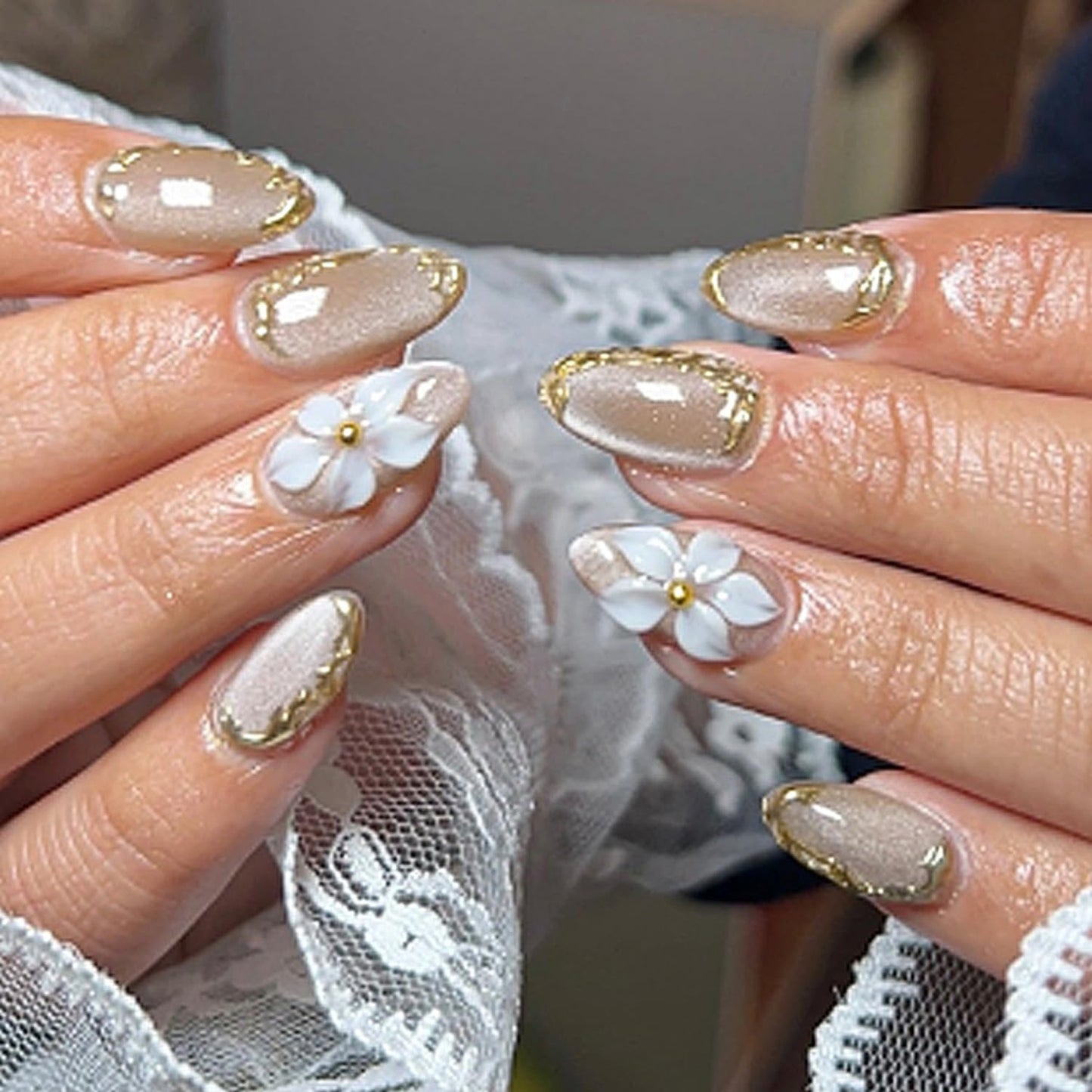 Almond Press On Nails - 30Pcs Medium Fake Nails with 3D Floral Art | Red French Gradient Acrylic for Women