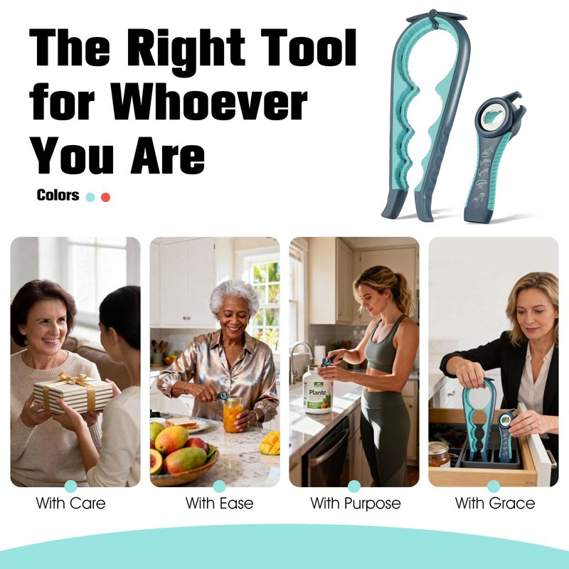 Jar Opener Bottle Opener, 5-in-1 Multi-Function Can Opener with Ergonomic Non-Slip Handle, Kitchen Tool Set for Weak Hands, Seniors with Arthritis, Blue