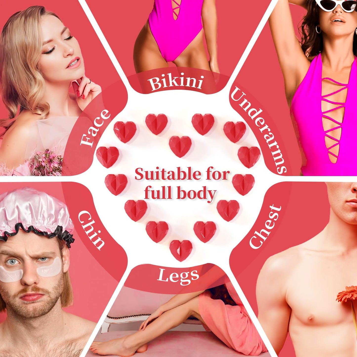 Chulan Hard Wax Beads, 14.1oz Waxing Beads for Sensitive Skin Hair Removal, Bikini, Full Body, Face, Brazilian Waxing, Legs, Fragrance Allergen Free Cute Red Heart Shape