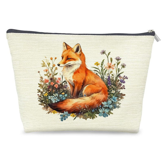 LRWHDFW Floral Fox Makeup Bag Gifts for Women, Cottagecore Wildflower Botanical Fox Cosmetic Bag, Flower Forest Animal Zipper Makeup Pouch Travel Toiletry Bag