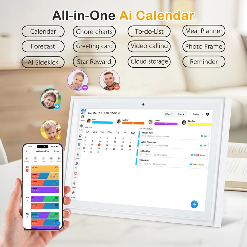 USIN 10.1" Smart Digital Calendar Wall Touch Screen, Wi-Fi Sync, Family Duty Chore Charts, Meal Planner, to Do List, Smart home organizer, No Subscription Fee, Built-in 5MP Camera for Video Calls, Interactive Electronic Digital Photo Frame, Desk stand & W