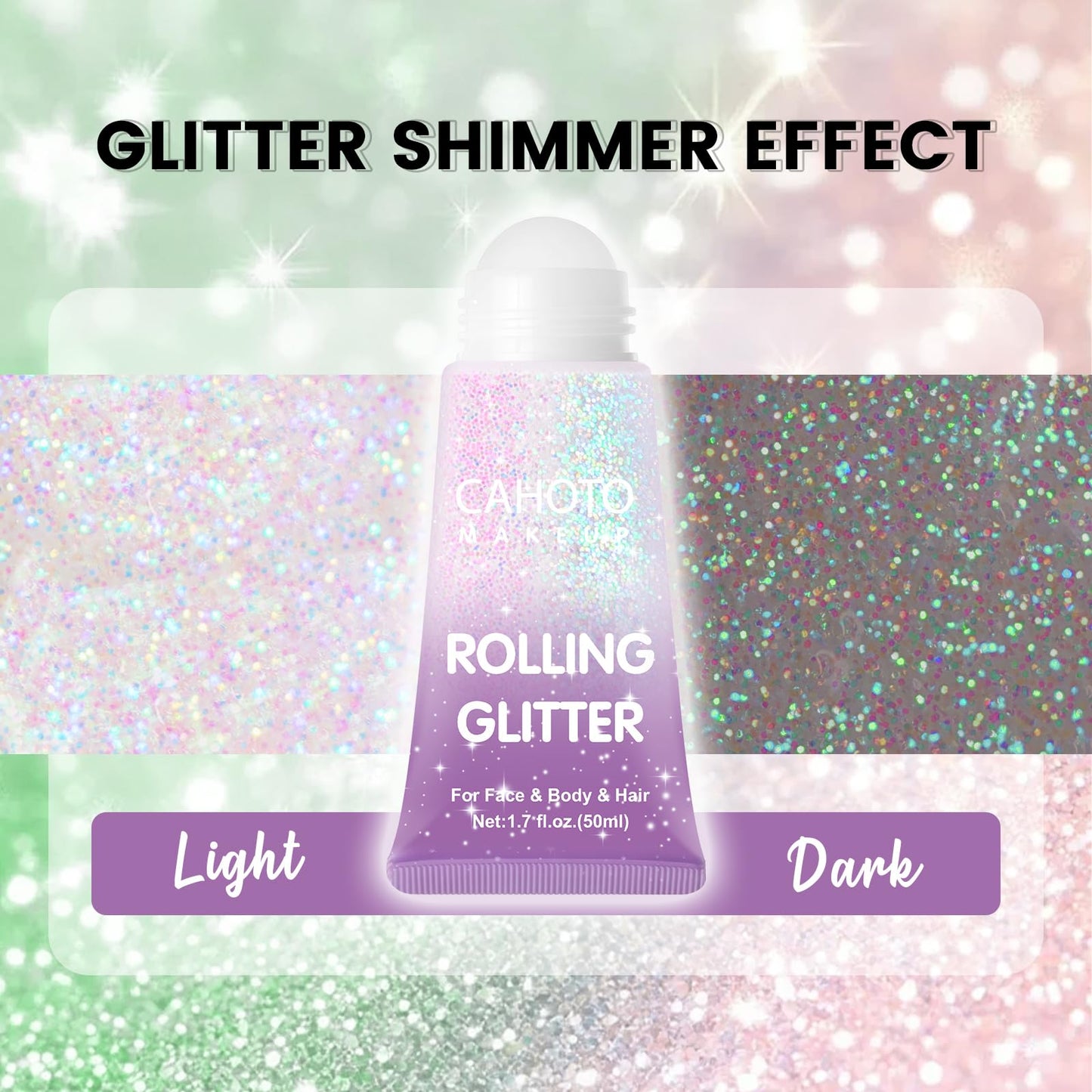 CAHOTO Pastel Rolling Glitter, Shimmer Gel for Face Body & Hair, Sparkling Holographic Roll-on Sequins for Singer Concert Rave Festival Halloween Party Carnival, 1.7 fl.oz.