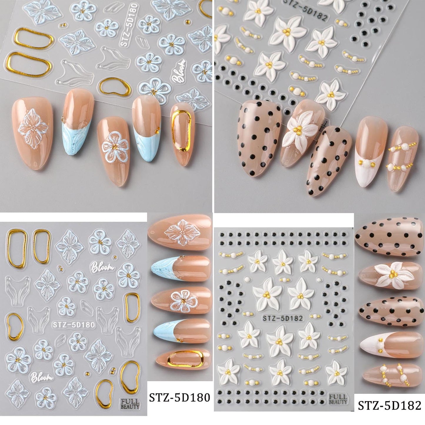 3PCS Spring Blue Flowers Nail Stickers, 5D Embossed Nail Stickers Nail Art Supplies 3D Blue Rose Nail Decals Blue Flower Five-Petal with Frangipani Polka Dot Nail Design French Floral Summer for Women