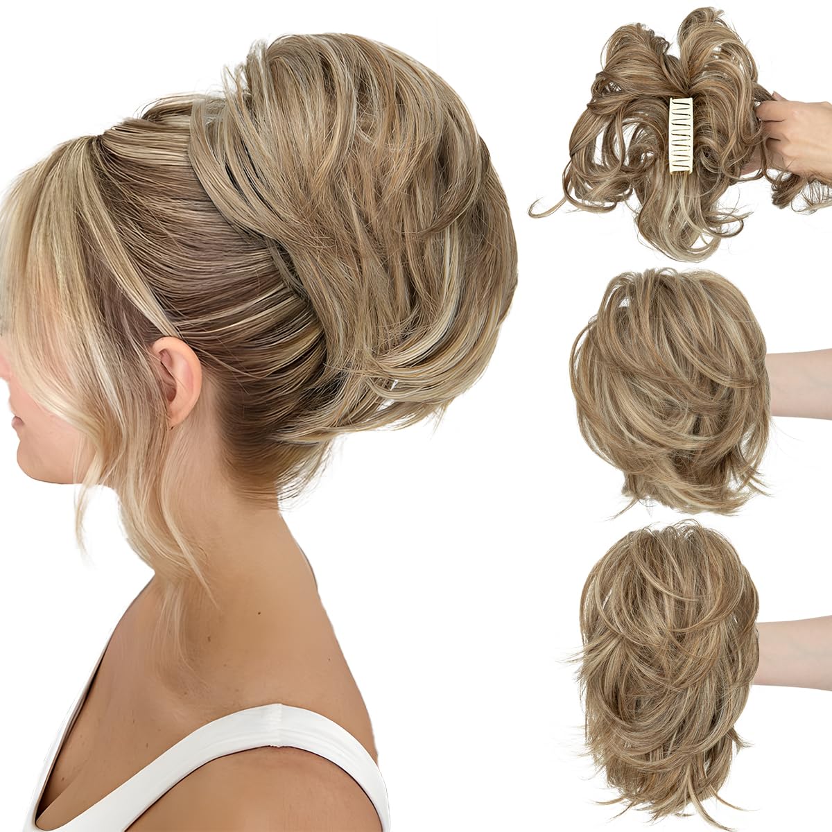 CJL Hair Claw Clip Short Ponytail Extensions - Bendable Metal Messy Bun Piece | Wavy Curly Synthetic Hair, Ash Grey