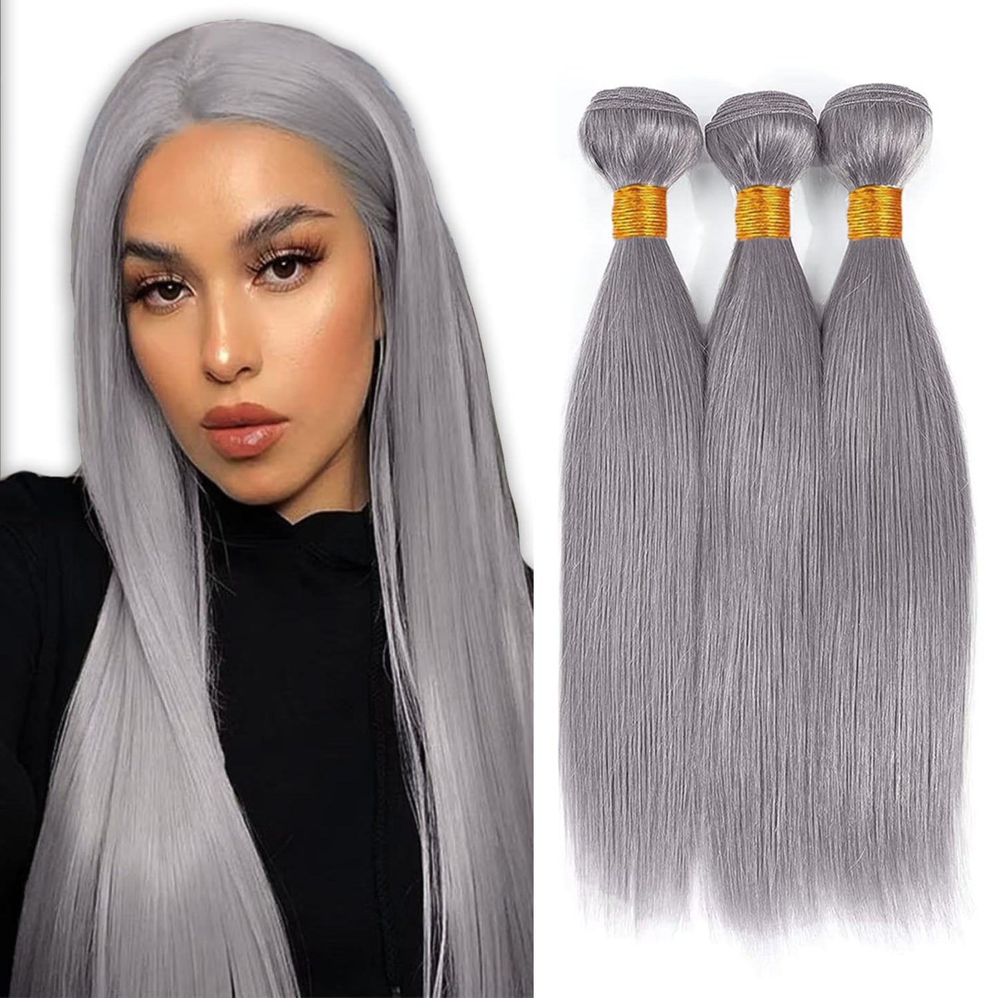 HeioWuio 20 22 24 Inch Gray Bundles Straight 3 Bundles Human Hair Brazilian Remy Hair 50 Grams/Bundle Unprocessed Virgin Hairs Silver Grey Color Straight Bundle Weaves Extensions