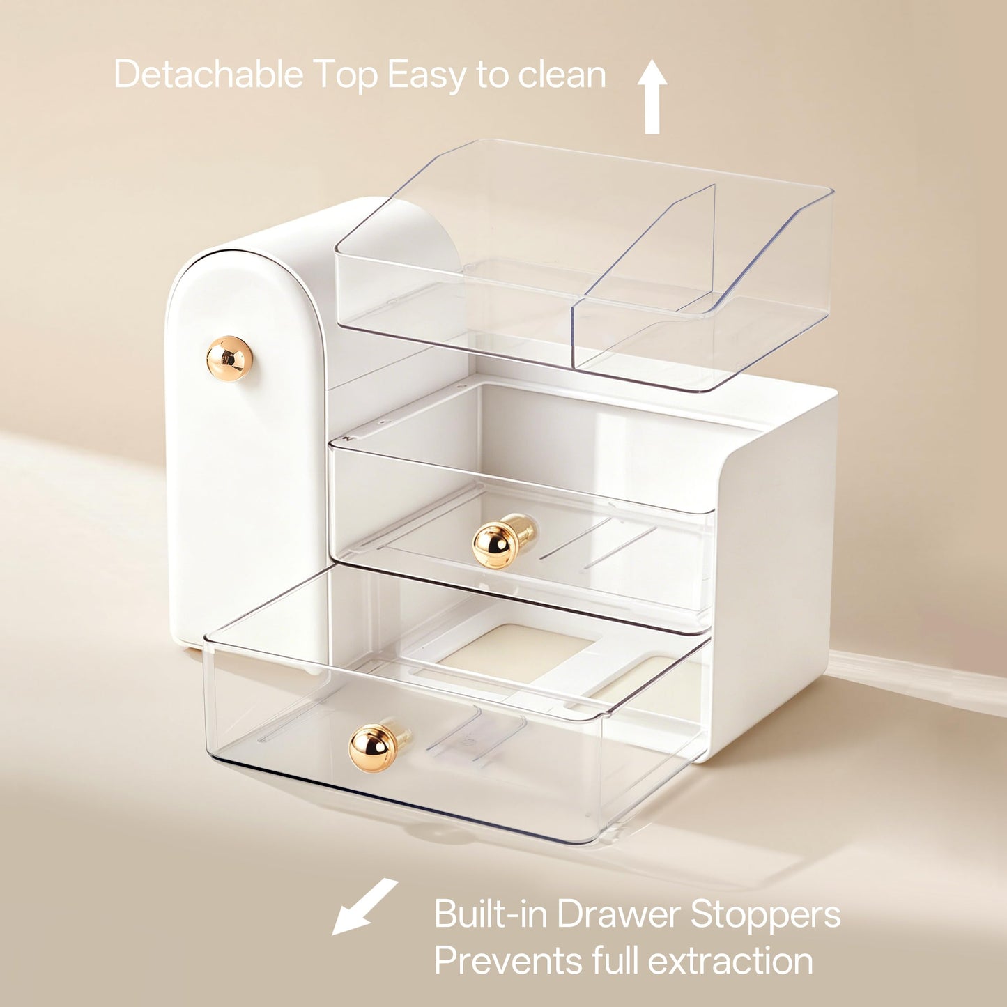 HBlife Makeup Organizer Countertop with Drawers, Vanity Organizers with Brush Holder, Bathroom Counter Organizer for Perfume, Nail Polishes, Lipsticks, Skincare and Eyeshadow Palettes, White and Clear