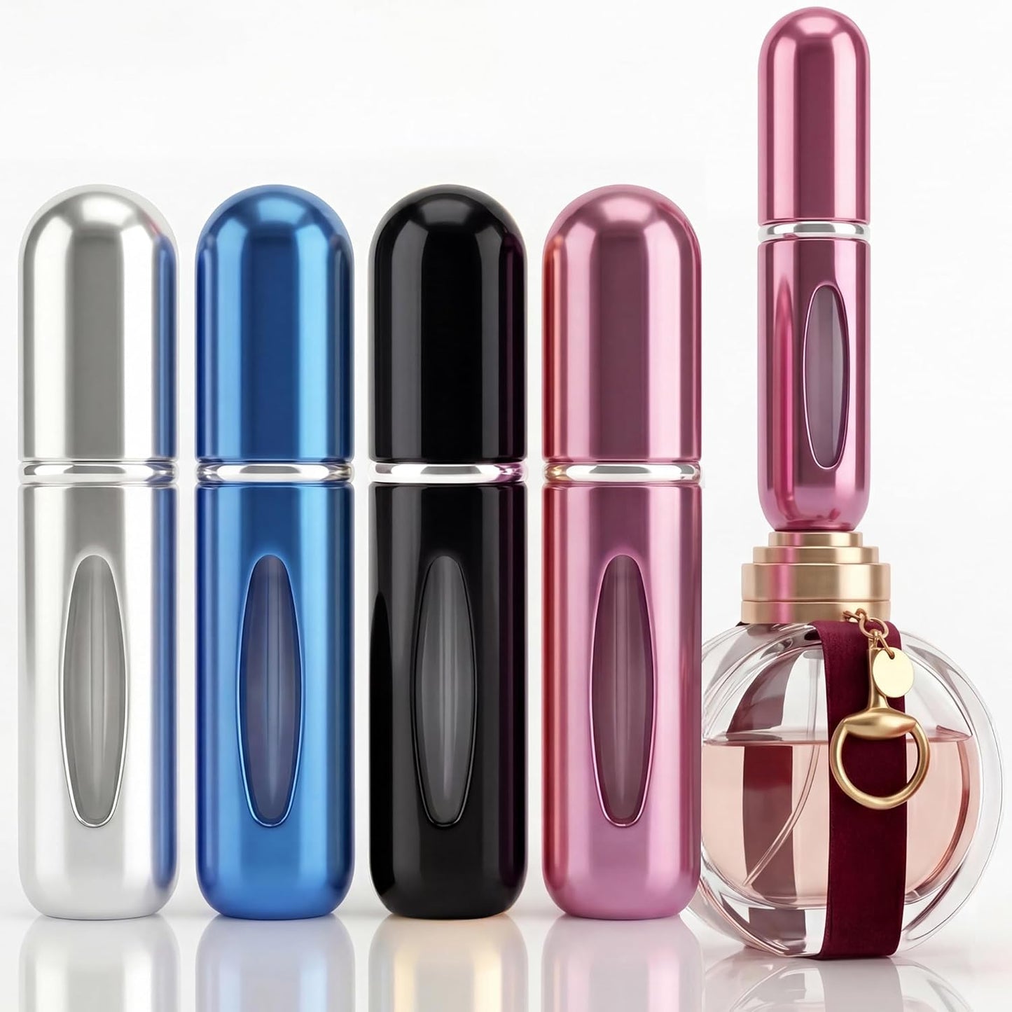 Refillable Travel Perfume Bottle - 5ml Leakproof Atomizer Sprayer | Portable Colors: Blue, Black, Pink, Silver