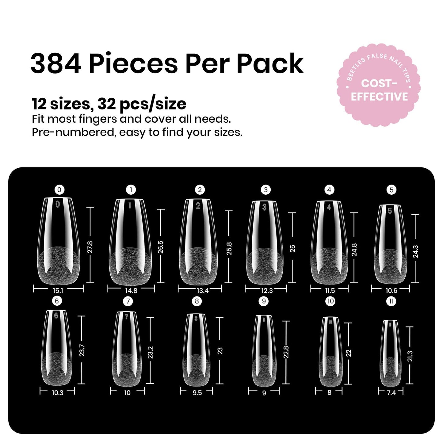 Beetles Gel Nail Tips Etch-X- Coffin Medium, 384pcs 12 Sizes, Pre-Etched Half Matte Full Cover Soft Gel Nail Tips, Press on False Nail Extension Acrylic Fake Nails, Easy DIY Salon Art