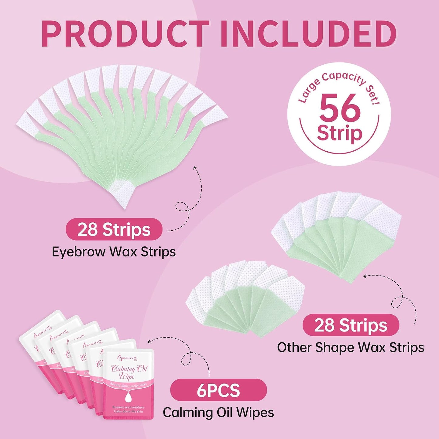 Eyebrow Wax Strips for Women - Facial Hair Removal | 56 Large Strips + 6 Calming Oil Wipes
