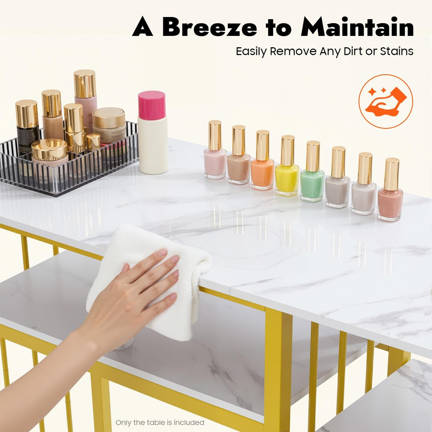 BuufuS Marbling Texture Manicure Table, 3 Drawers Manicure Desk Steel Frame Utility Nail Tech Desk with Black Foot Pads for Living Rooms Commercial Nail Salons(Gold White)