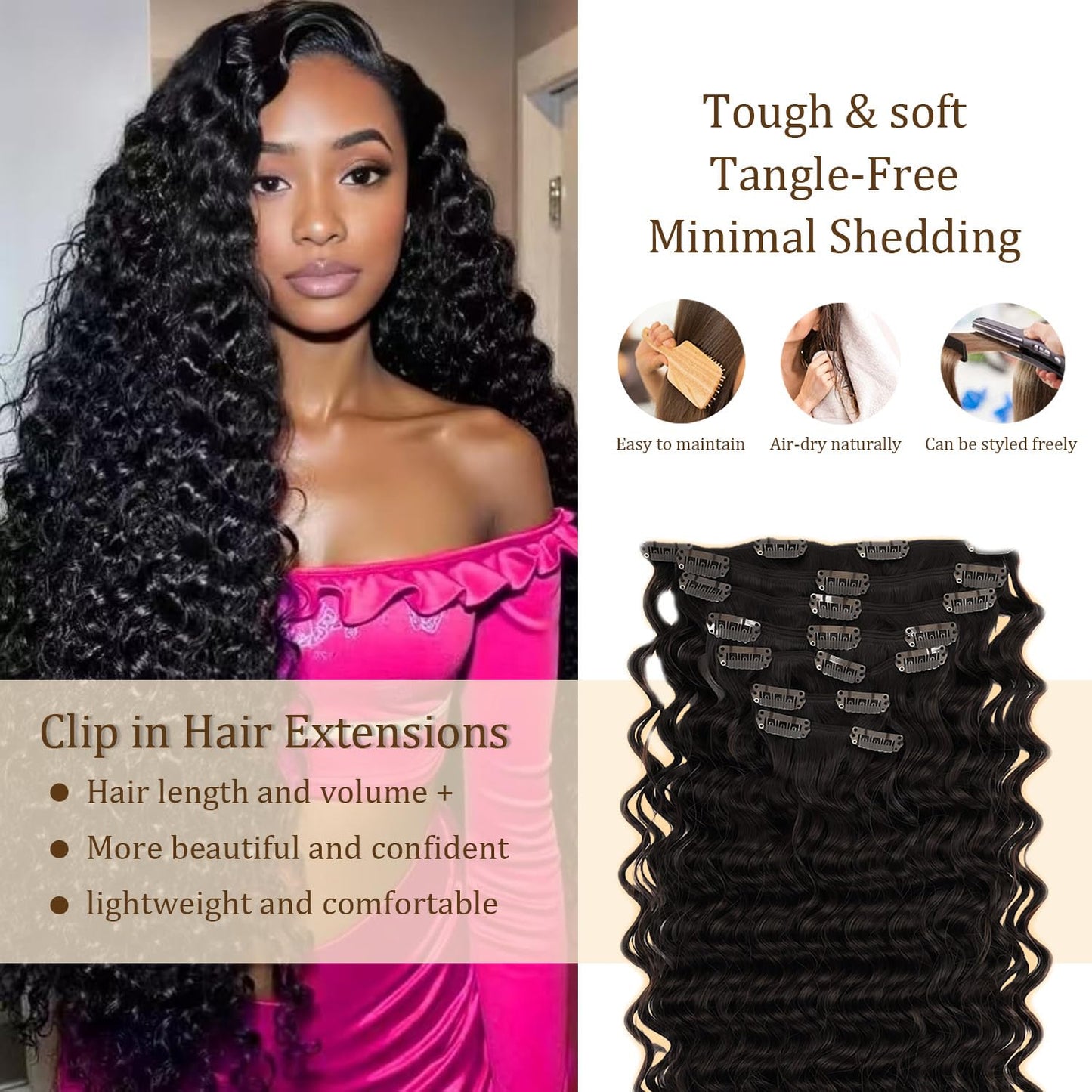 Deep Wave Clip ins Human Hair, 28 Inch 120g/7Pcs,Full Shine Black Human Hair,Natural Black Clip ins Brazilian Virgin Hair #1B Deep Wave Clip in Hair Extensions