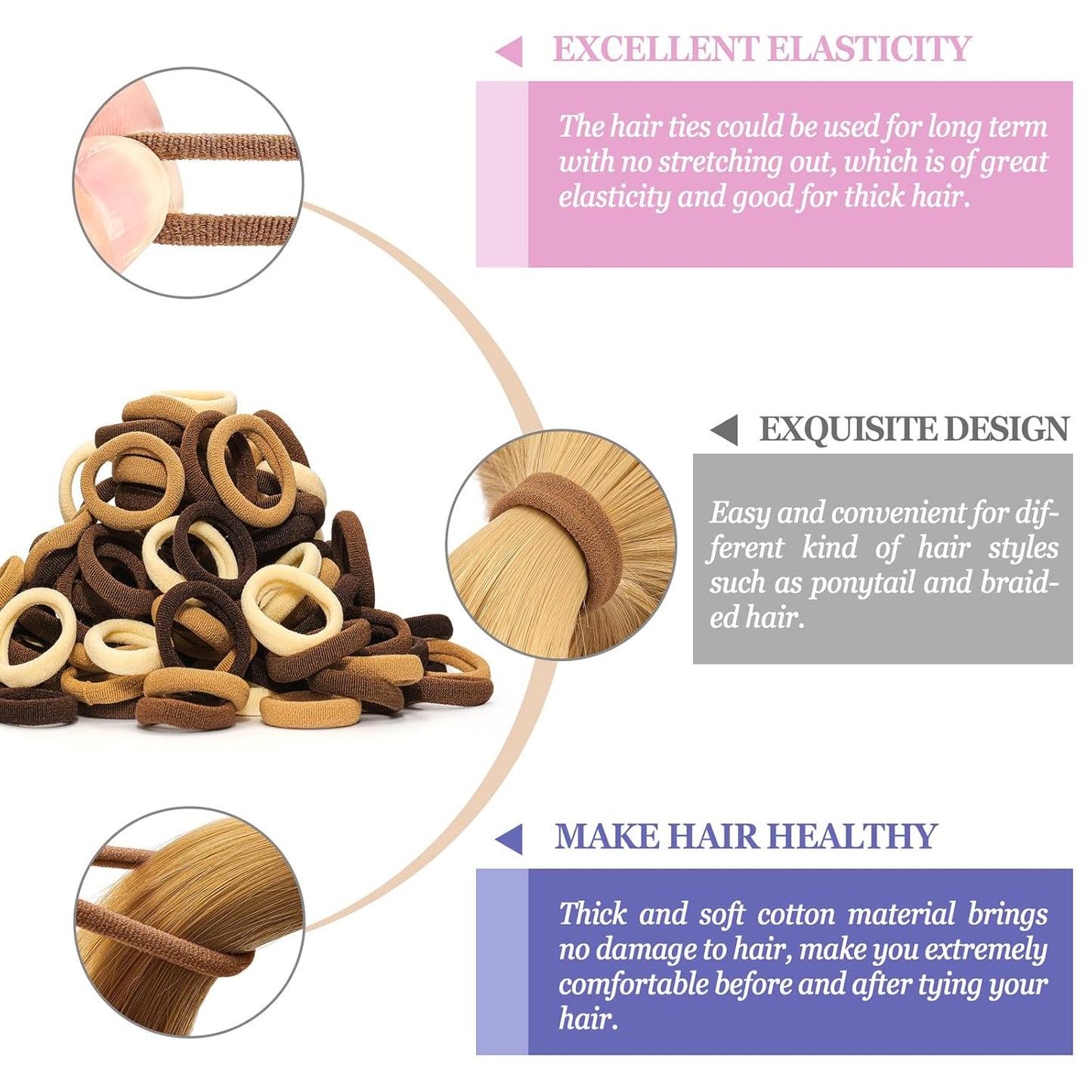 Brown Cotton Hair Ties - 100PCS Thick Elastic Ponytail Holders | No Crease, No Damage for Women & Kids