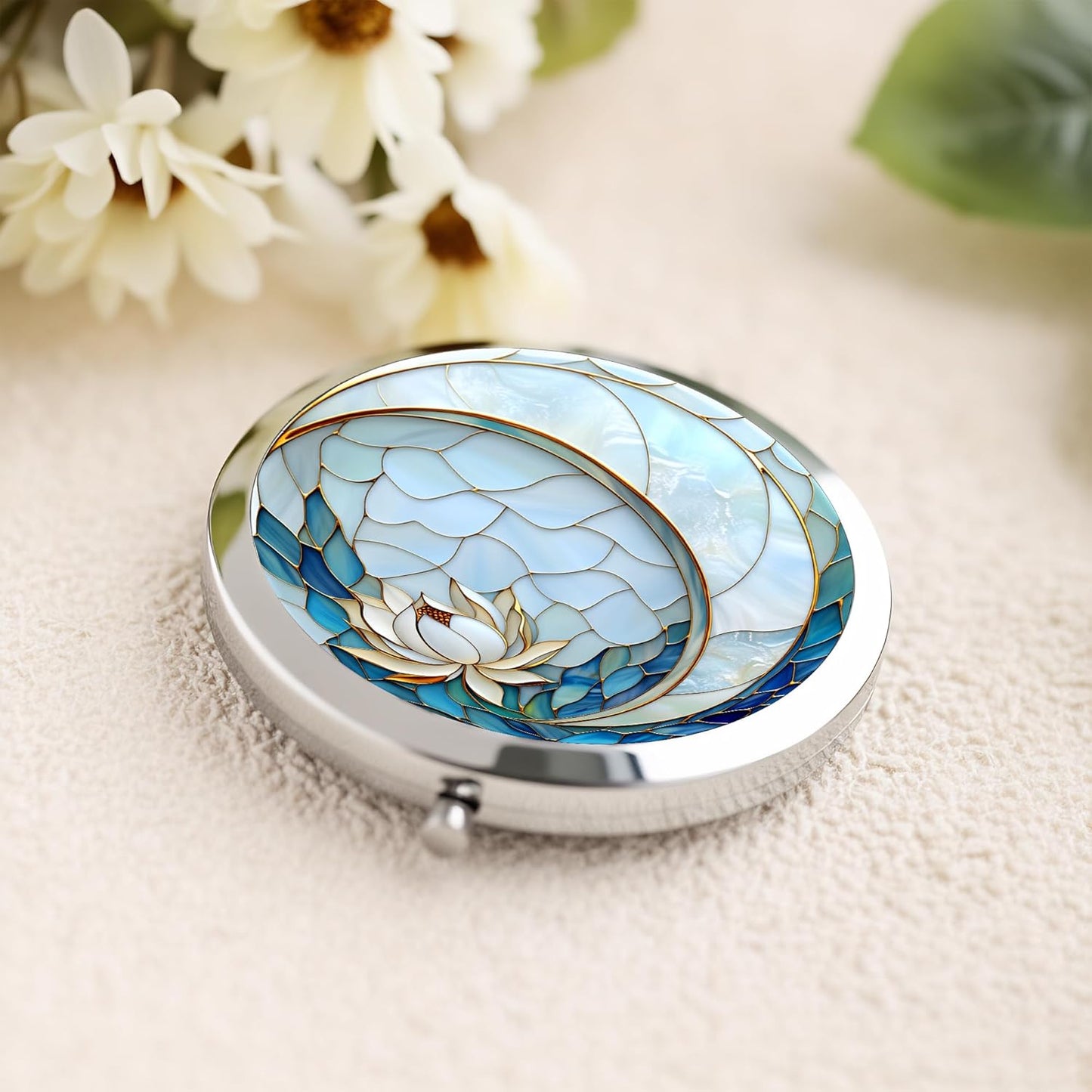 Compact Double-Sided Makeup Mirror - Silver Folding Design with Blue Lotus Moon | 2.8x2.8 Inch Gift for Women