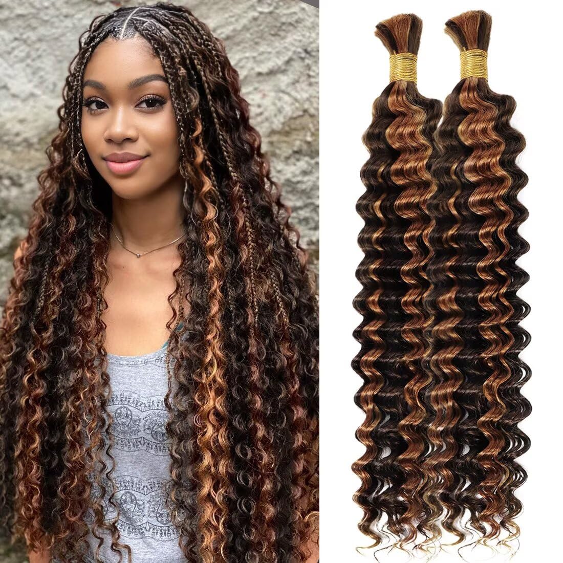 Unprocessed Human Hair for Braiding - #350 Ginger Copper Curly Extensions | 20 Inch, 150g, 3 Bundles