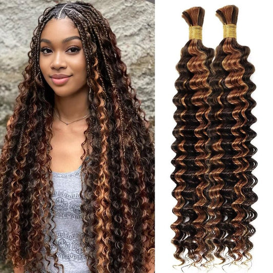 100% Unprocessed Human Hair for Braiding, #4/30 Brown with Auburn Highlights Pre-Separated Curly Bulk Hair, 12A Grade Deep Boho Braiding Hair Extensions, Real Human Hair,16 Inch 100g 2 Bundles