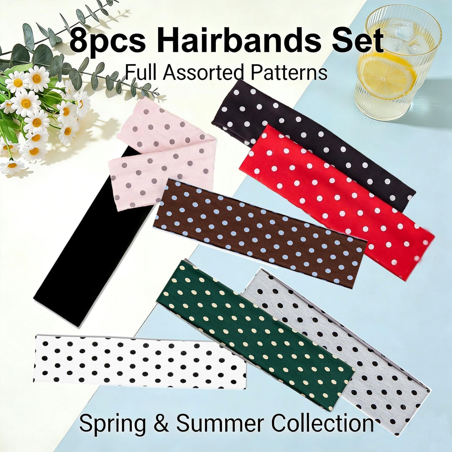 HOLAILS Polka Dot Headbands for Women, Cute Polka Dot Hair Bands for Women's Hair Fashion: 8Pcs Soft Stretchy Hair Hoops, Head Wraps to Cover Hairline Hide Roots, Retro Hair Accessories 6x23cm